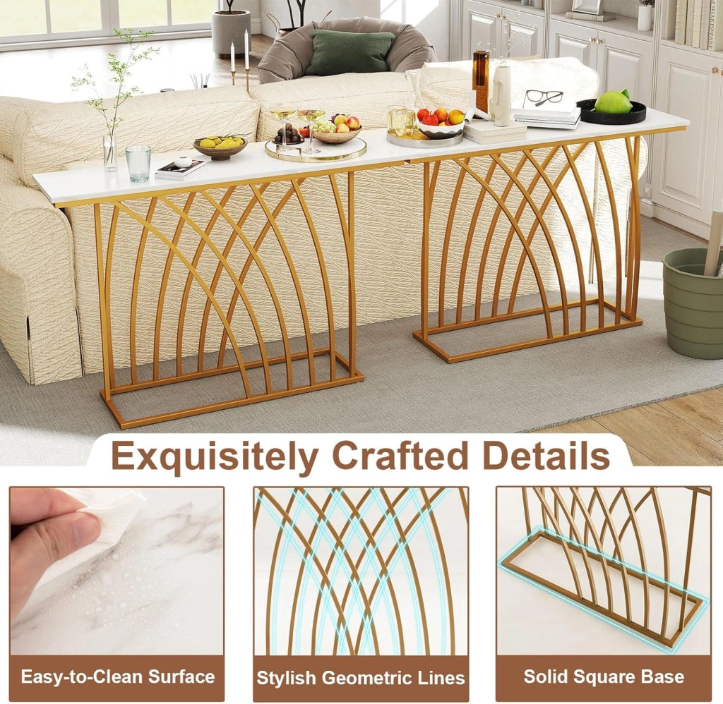 Tavolo da Console Ingresso Moderno con Piano in Finto Marmo, Struttura Geometrica in Metallo Dorato, 120 x 30 x 80 cm, Oro e Bianco