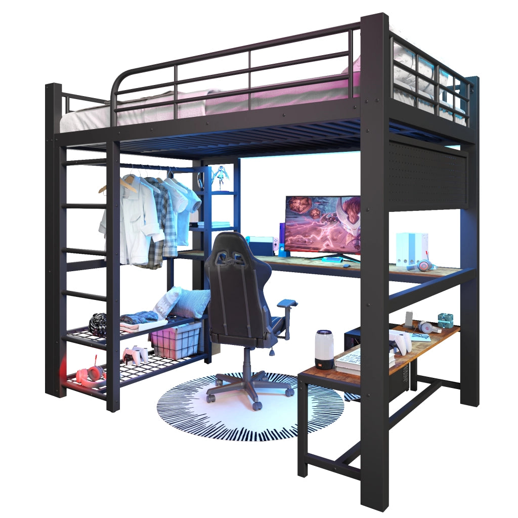 LETTO a soppalco 140x200 cm in metallo nero con scrivania e ripiani