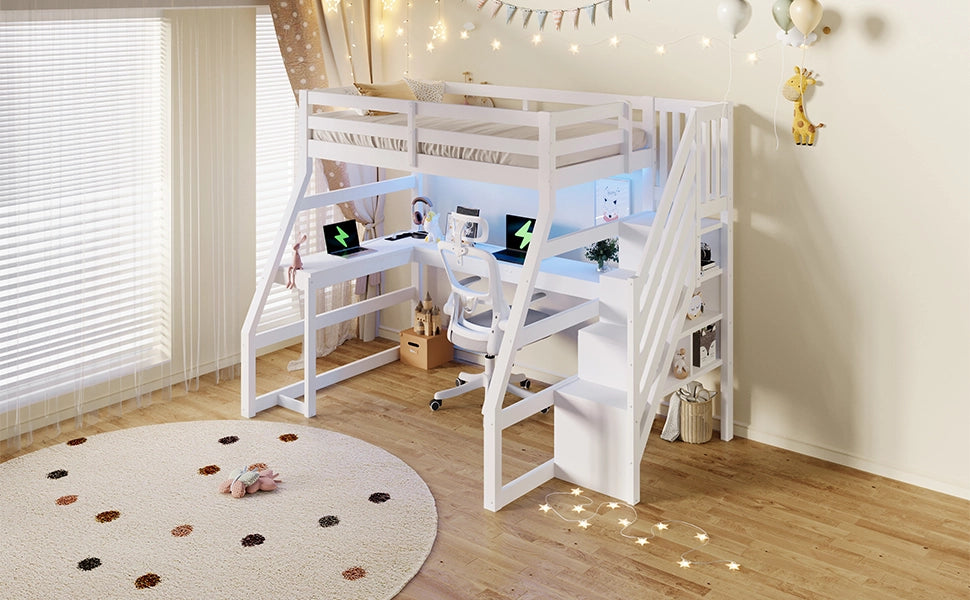 Letto a castello con mensole LED USB 90x200 cm MDF bianco pino