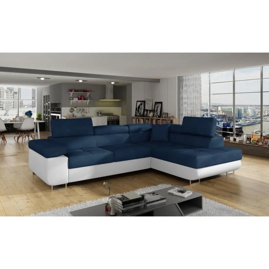 Divano angolare trasformabile MENTON blu scuro e bianco bouclé - Angolo destro con contenitore