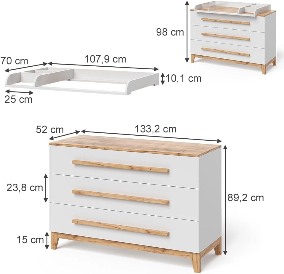 Fasciatoio Malia, Bianco/Artisan, 133.2 x 98 cm con 3 cassetti, con fasciatoio rimovibile per l'utilizzo come cassettiera