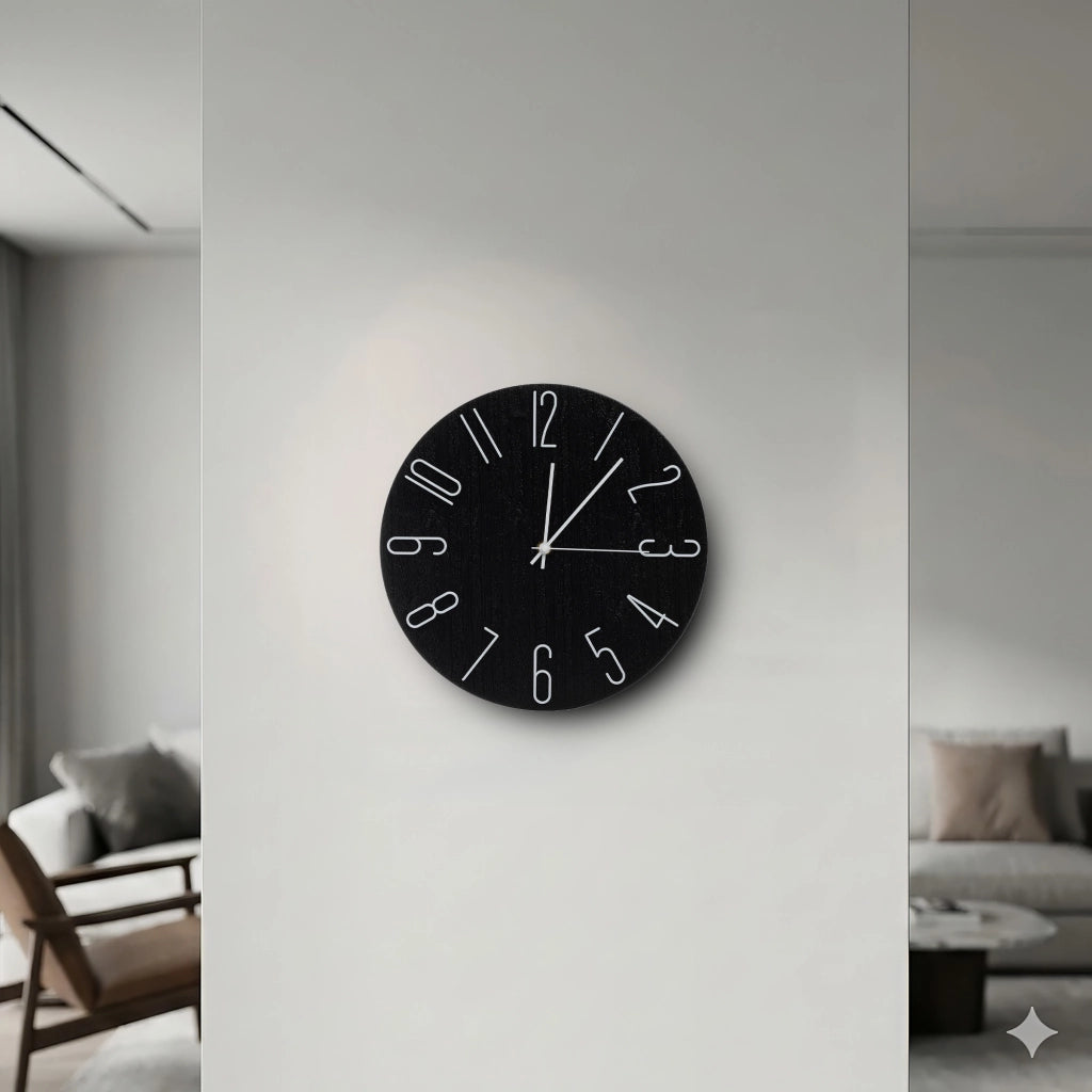 Orologio da Parete Nasvin 30 cm Effetto Legno Nero con Numeri Bianchi Design Moderno Minimalista per Soggiorno Cucina Ufficio