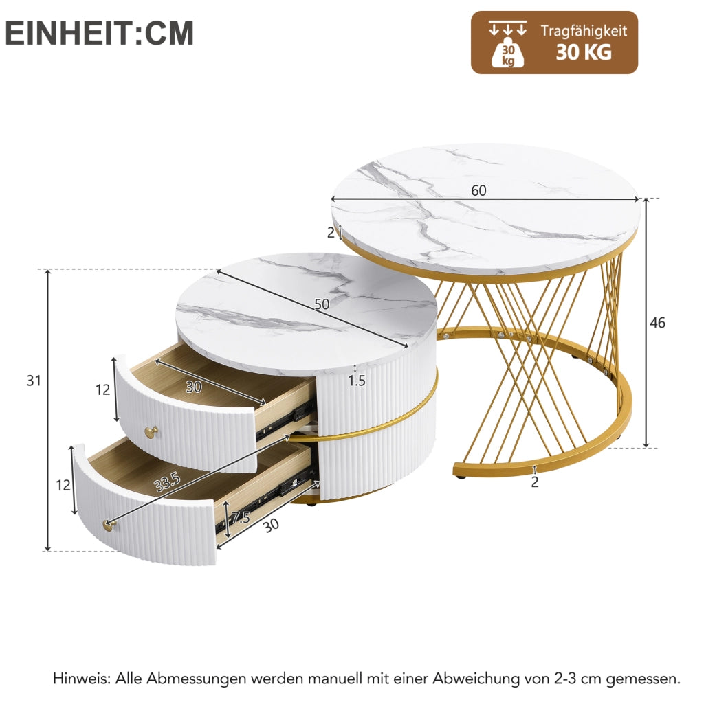 Set di 2 tavolini da caffè rotondi bianchi in MDF con effetto marmo lucido; 60x60x46 cm e 50x50x30;8 cm
