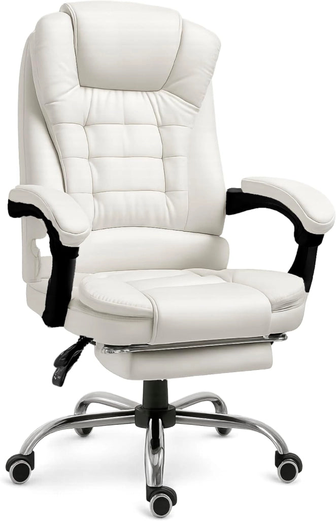 RMF Sedia Ufficio Ergonomica Professionale Reclinabile, Sedia Scrivania Seduta Comoda e Rilassante con Poggiapiedi - Poltrona Relax con Ruote Girevoli Altezza Regolabile Bianca