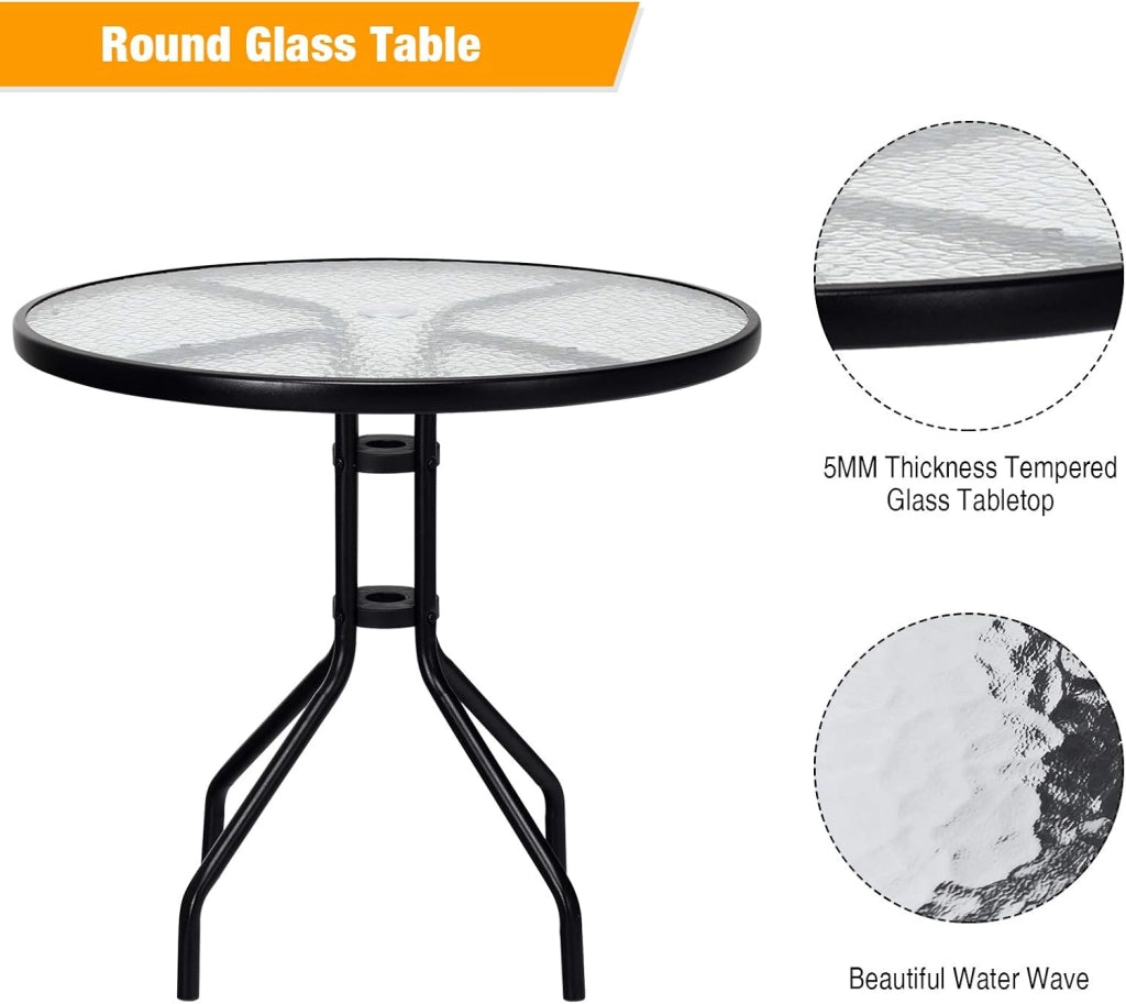 Tavolino da giardino 70 cm, tavolo da patio con piano in vetro temperato, telaio in metallo robusto con foro per ombrellone, tavolino rotondo per balcone, patio, bistrot