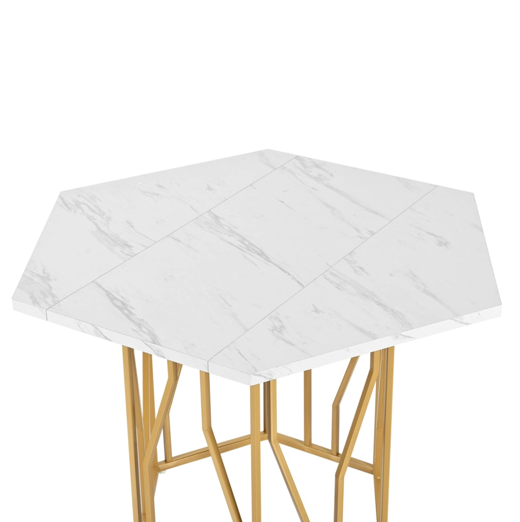 Tavolo da pranzo esagonale con piano effetto marmo in MDF e struttura in metallo