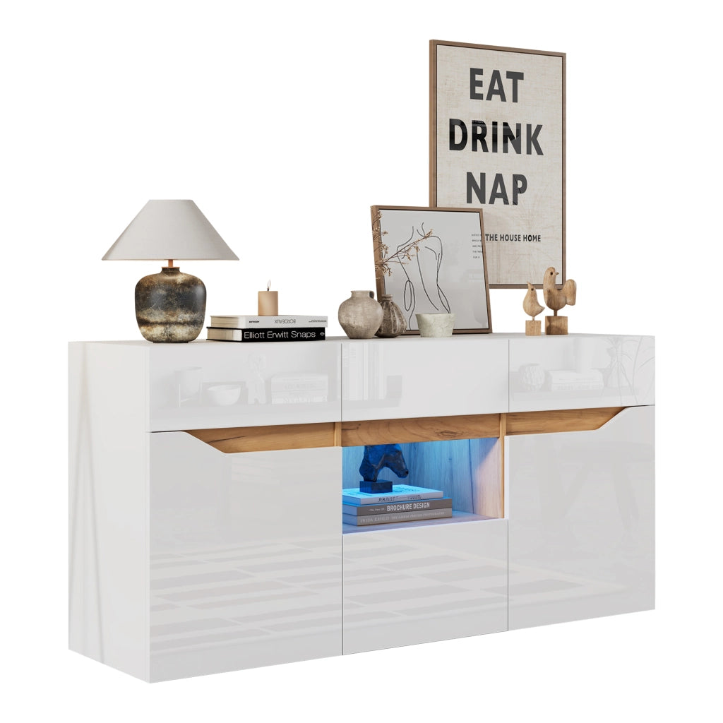 OKWISH Credenza con 4 Cassetti e 2 Ante, Illuminazione LED, per Soggiorno, Pannello di Particelle, Bianco, 140 x 40 x 70 cm