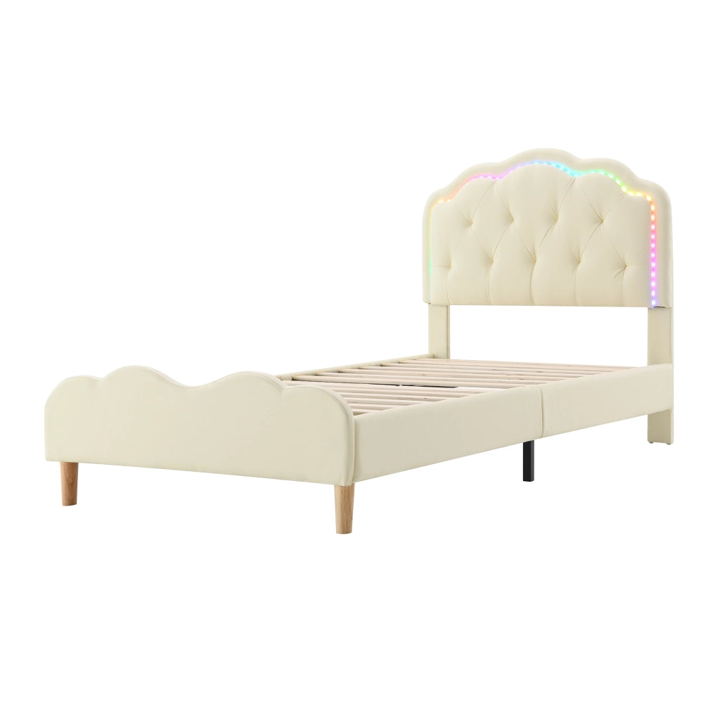 DESMIU Letto singolo 90 × 200 cm con LED multicolore, testiera ondulata e senza materasso, in PU beige