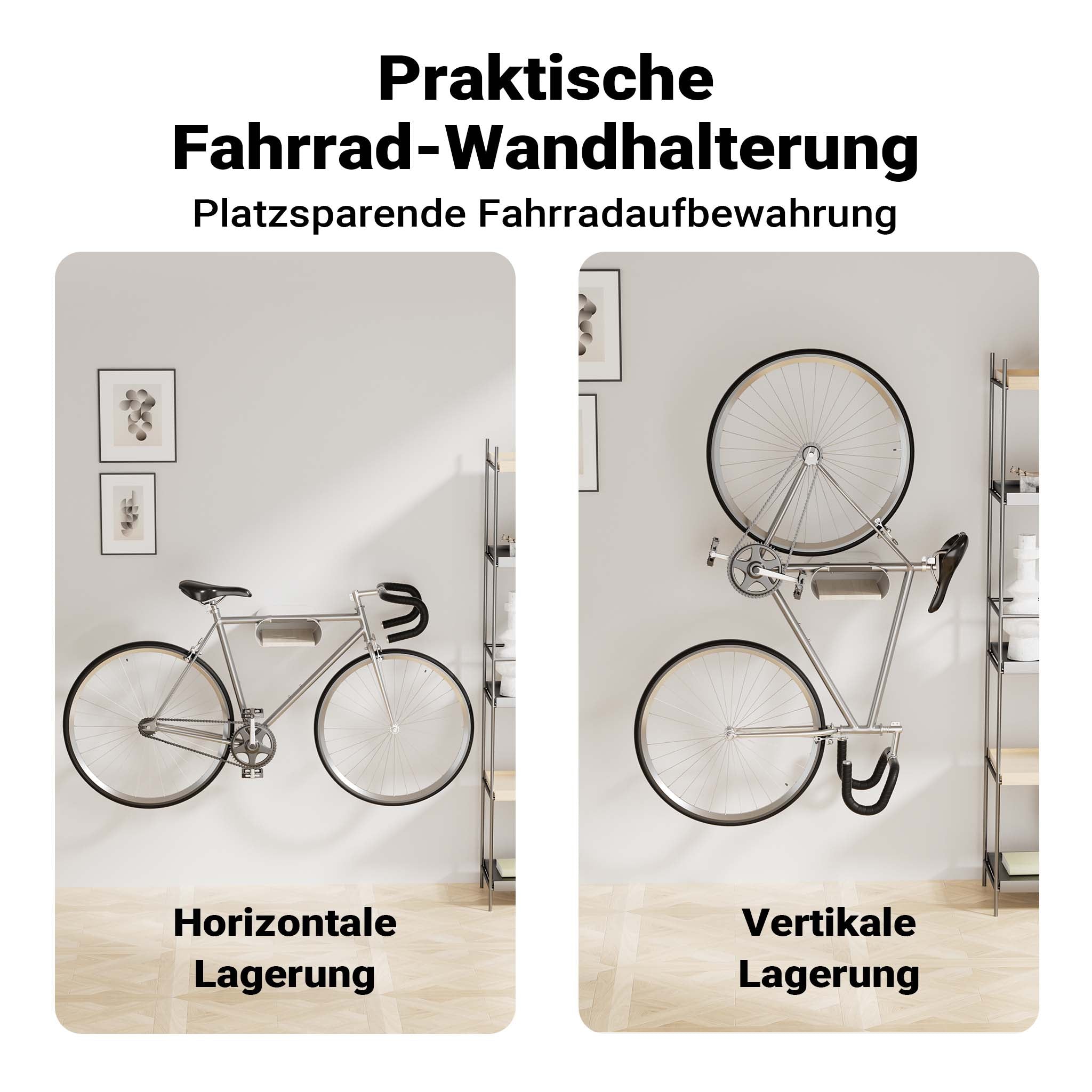 supporto a parete per bicicletta bianco 25,6 x 30 x 11,4 cm fino a 25 kg, portabici universale, in sospensione, per tubi orizzontali Ø 55 mm e manubri larghi 500 mm