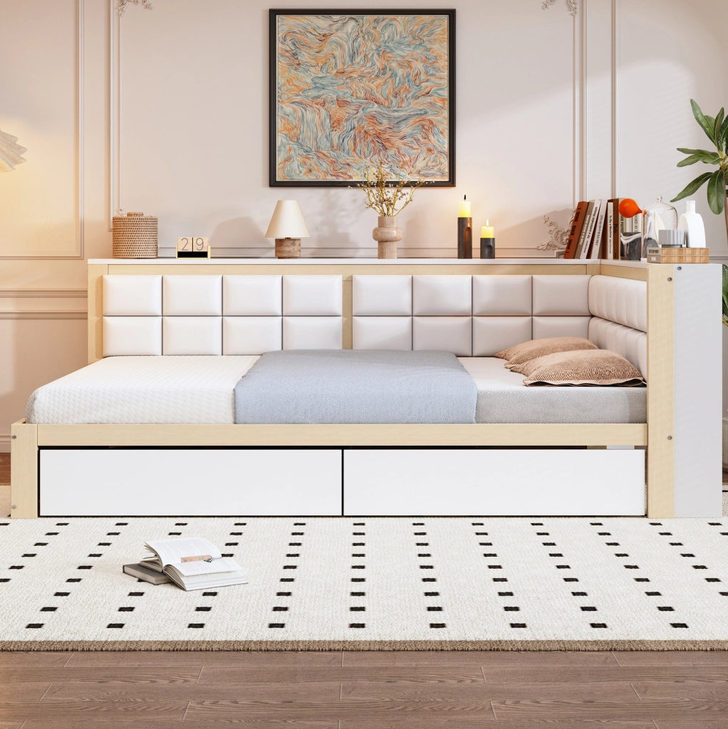 Divano letto 140x200 cm con schienale morbido e 2 cassetti in legno colore naturale