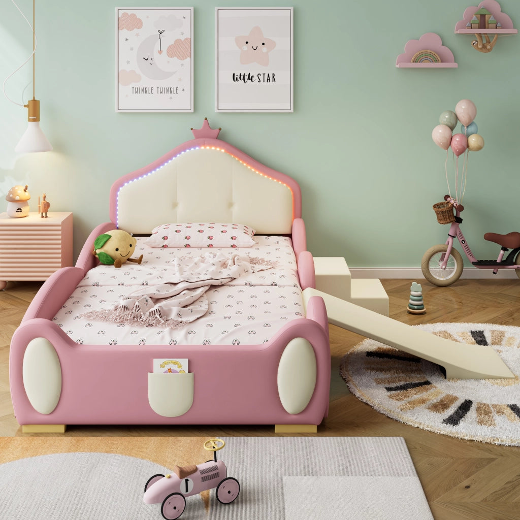 LETTO imbottito per bambini 90x200 cm PU rosa e beige con LED, scivolo e scala