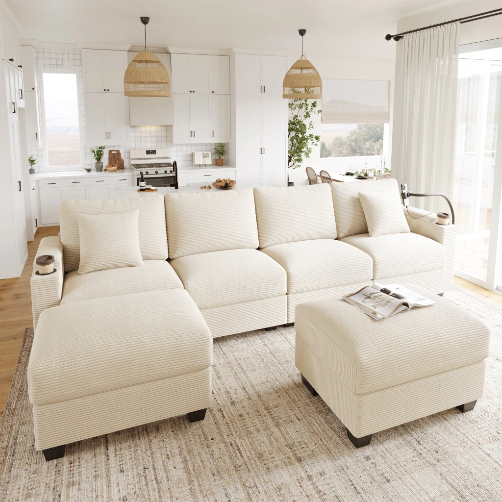 DIVANO angolare modulare U 275,5x139x87 cm in velluto a coste beige