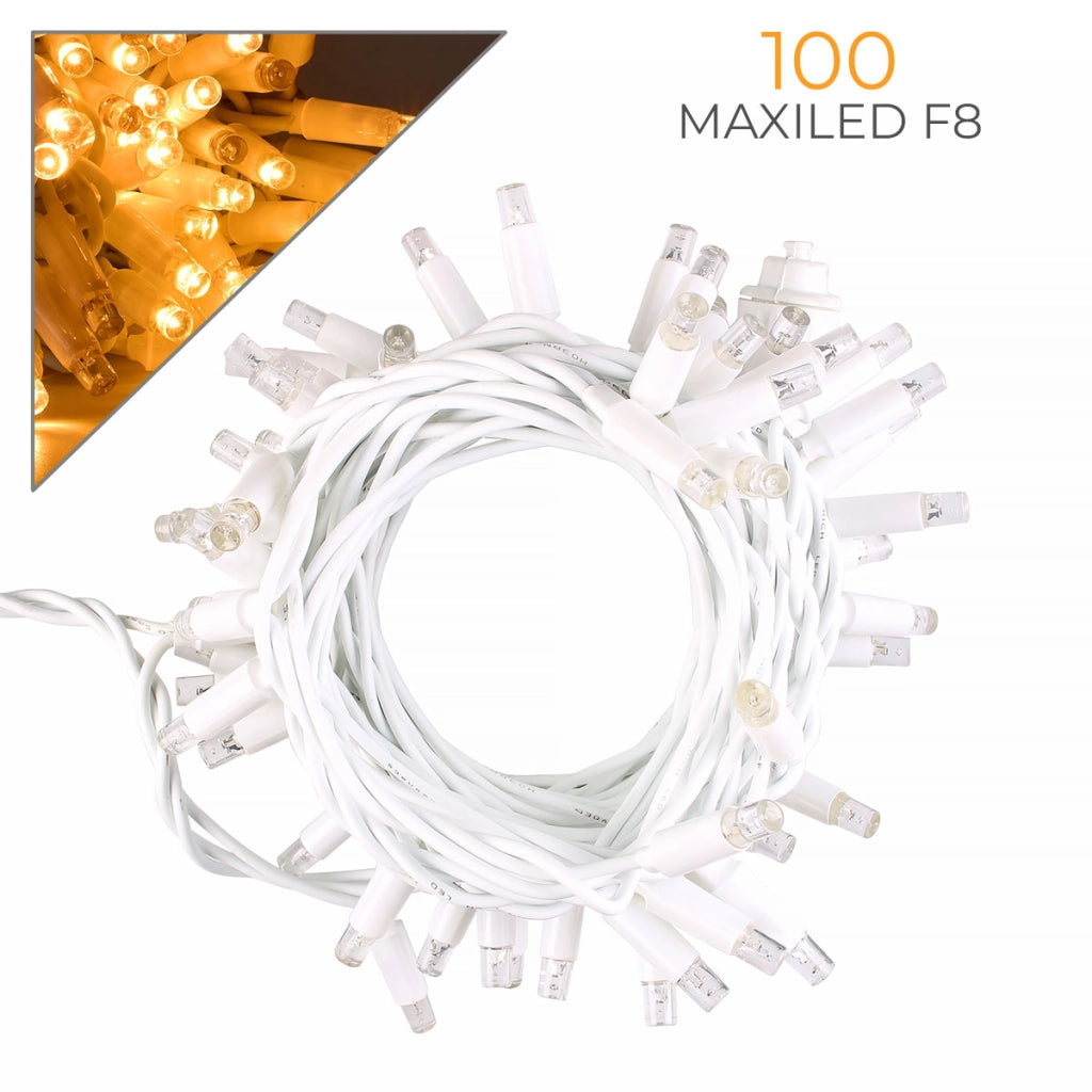 CATENA LUMINOSA PROFESSIONALE 100 MAXI-LED F8 CAVO BIANCO LUCE CALDA FISSA E INTERMITTENTE - 10 METRI PROLUNGABILE ILLUMINAZIONE DECORATIVA DA ESTERNO