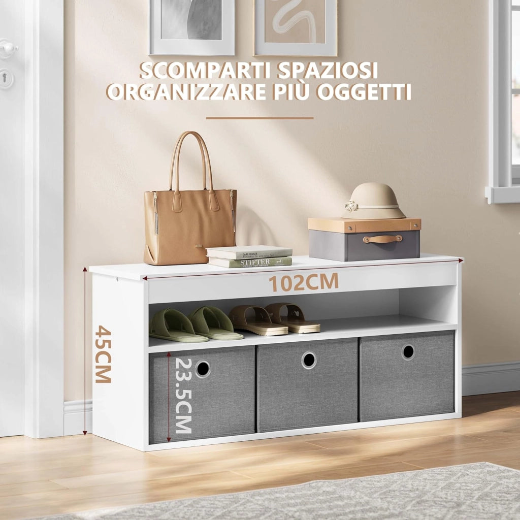 Cassapanca Portaoggetti, Panca con 1 Scomparto Aperto e 3 Cassetti in Tessuto Rimovibili, Panca con Cassetto Portaoggetti, per Ingresso, Soggiorno, Bianco