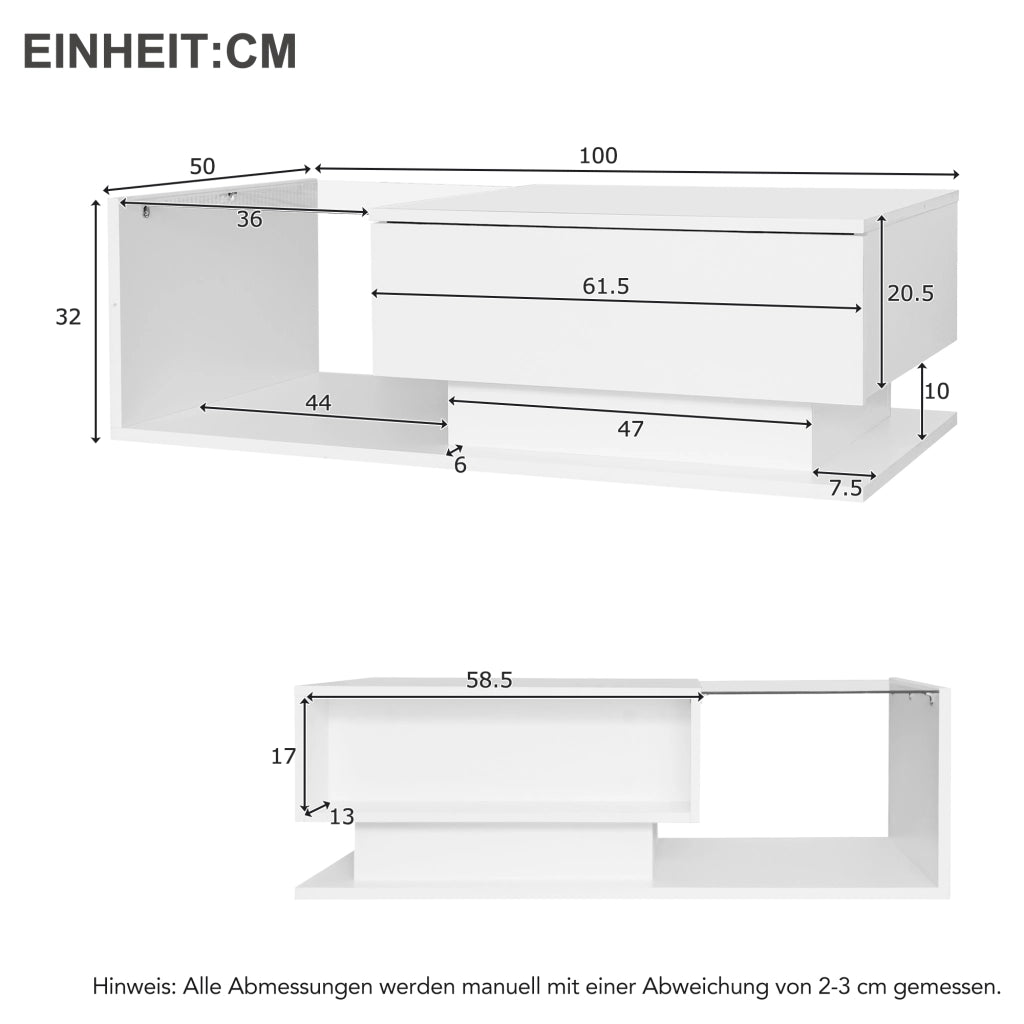 Tavolino da salotto 100x50x32 cm; con LED intelligente e cassetto; truciolato; bianco