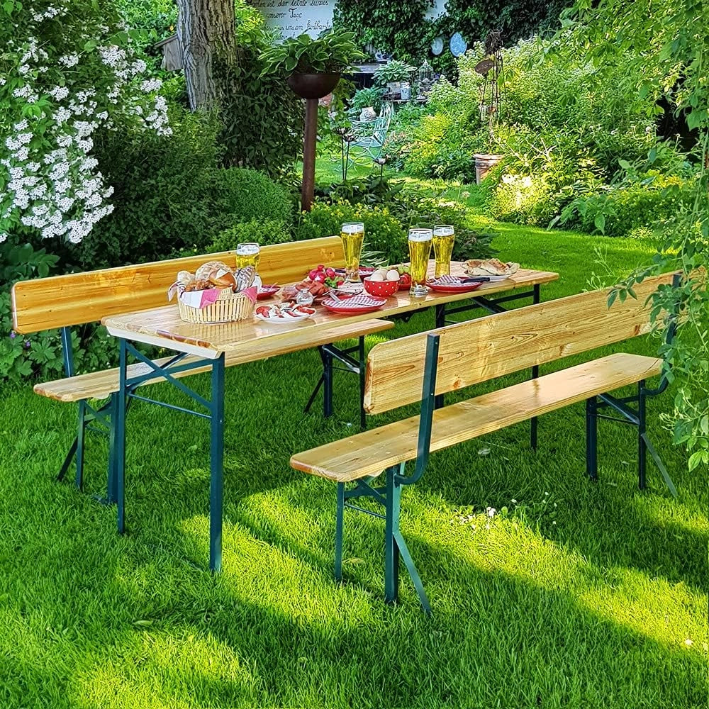 Set Mobili Stile Birreria 2X Panche da Sagra con Schienale 1x Tavolo 170x70x75 cm Salottino Esterno Feste Giardino