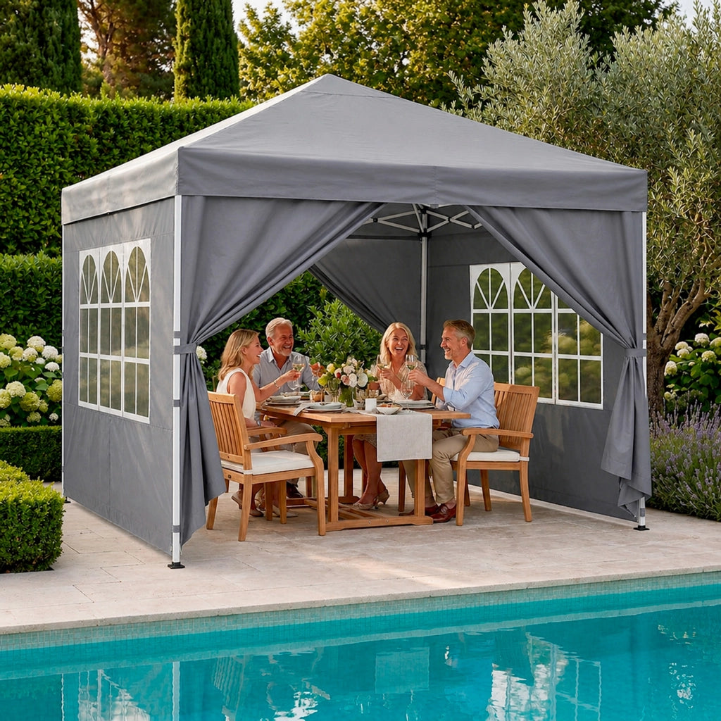 Gazebo Pop Up Da Esterno Con Pannelli Laterali Finestre Traslucide Copertura Impermeabile UV50+ Telaio Robusto In Acciaio Per Eventi E Giardino 3 x 3 x 2.59 m Grigio