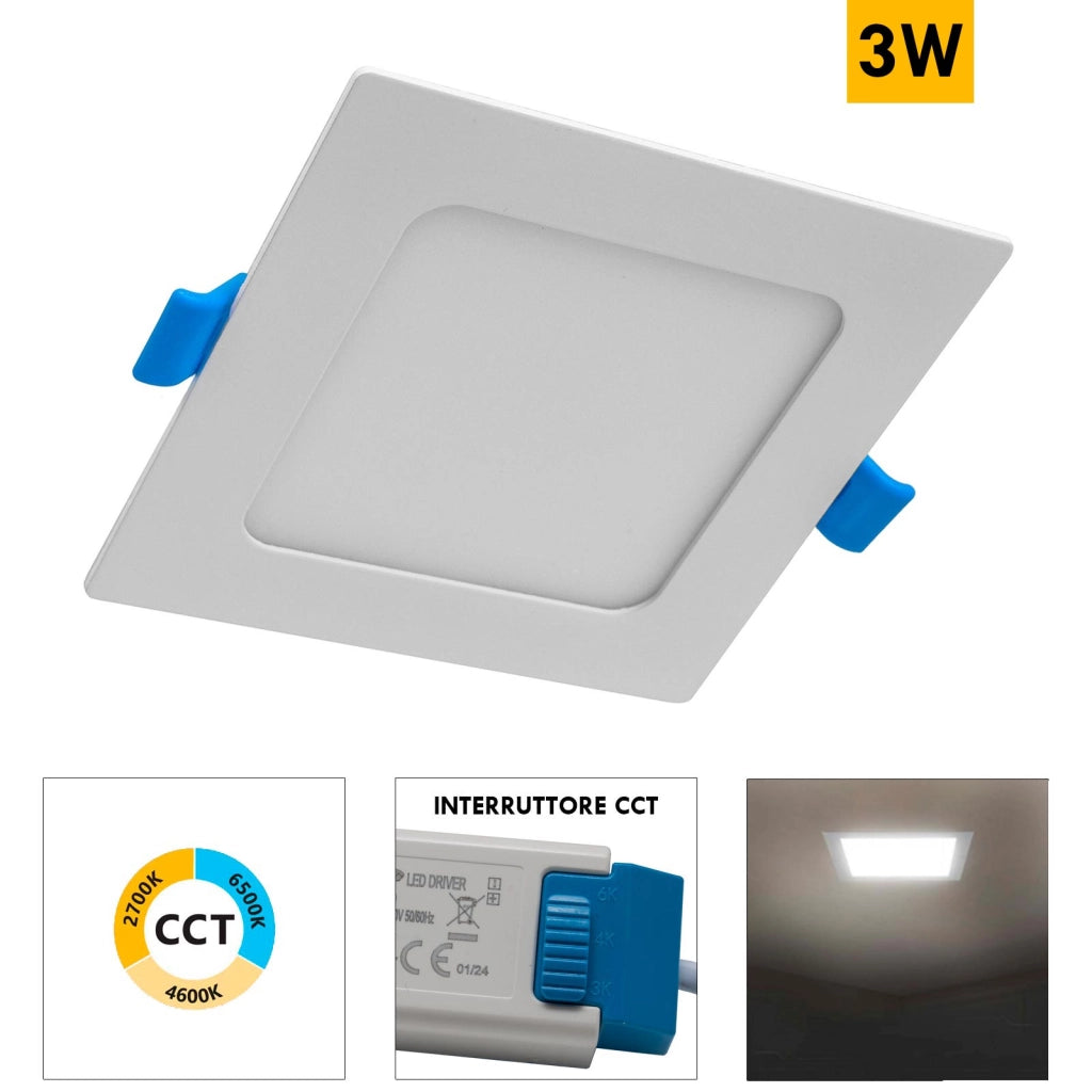 Faretto incasso LED 3W mini pannello quadrato slim interruttore CCT da 3000K a 6500K luce soffitto vetrina negozio foro 7cm