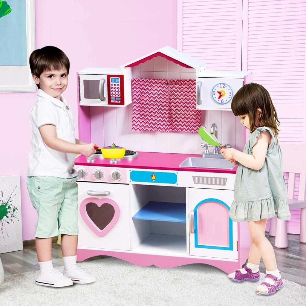 Cucina Giocattolo per Bambini in Legno, Cucina per Bambini con Forno, Microonde, Stufa a Gas, Lavello e Rubinetto, per 3 Anni+