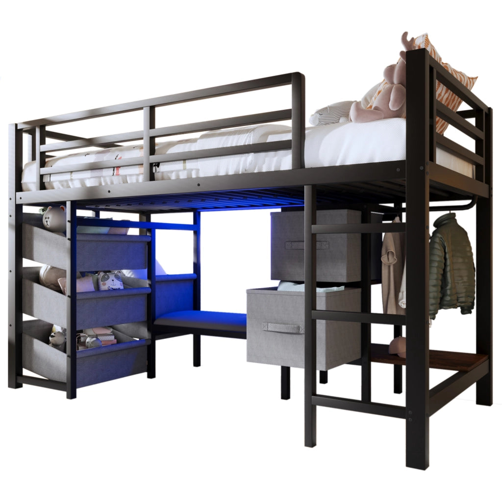 Letto rialzato 90 x 200 cm in metallo nero con LED, cuscino e contenimento