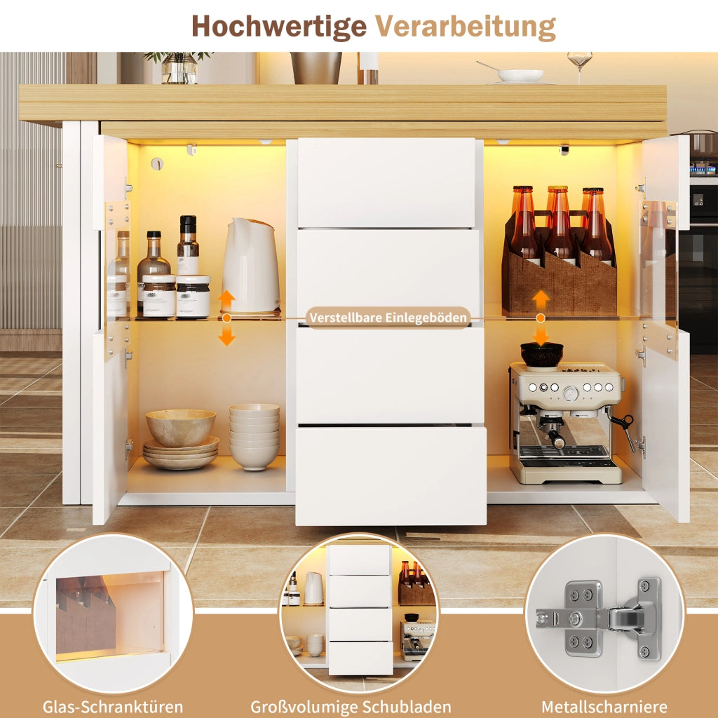 ISOLA Cucina girevole 120-197x40x73,8 cm MDF Bianco con LED RGB e 4 cassetti