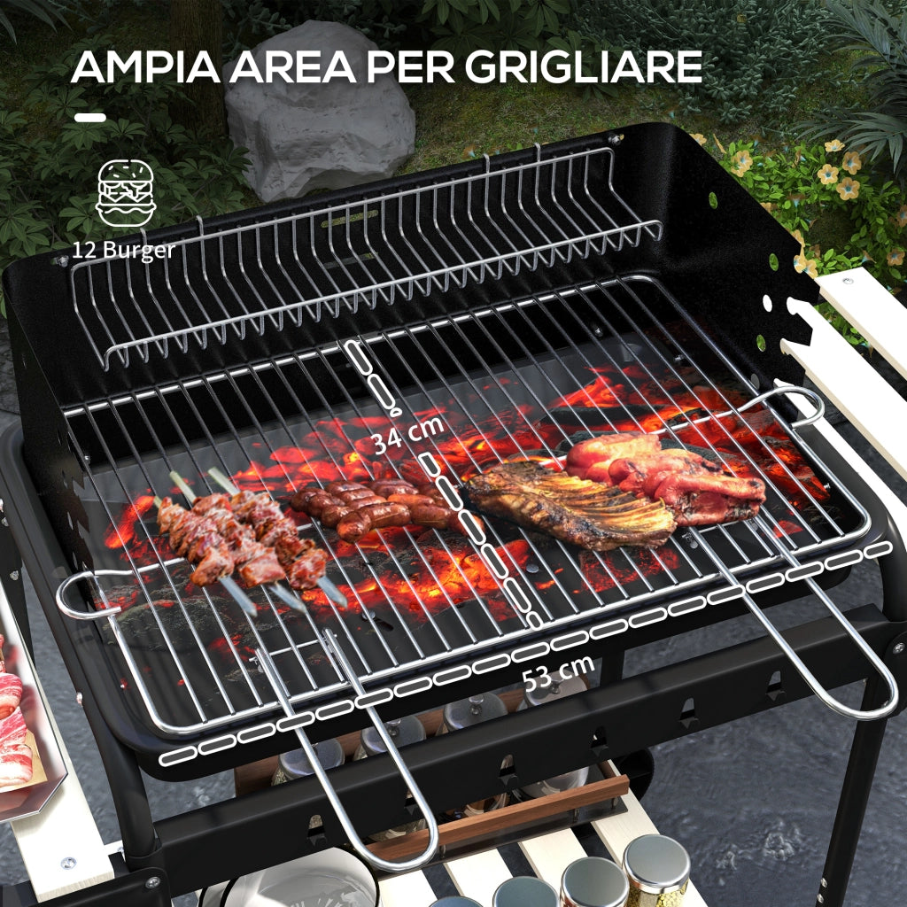 Barbecue a Carbonella con 3 Ripiani e Vassoio ¨C zephmum ¨C 113x53.5x82.5 cm, Nera, Metallo Legno