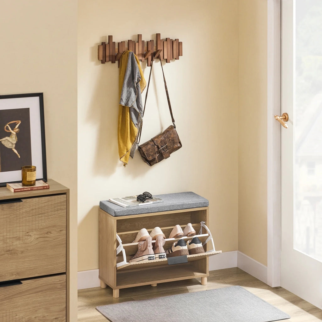 SoBuy Scarpiera Panca Ingresso Scarpiera Salvaspazio Slim con Cuscino - Panca Contenitore con Ribalta per Scarpe - Adatta a Ingresso, Corridoio - Legno Chiaro e Grigio, 60x24x50cm, FSR199-N
