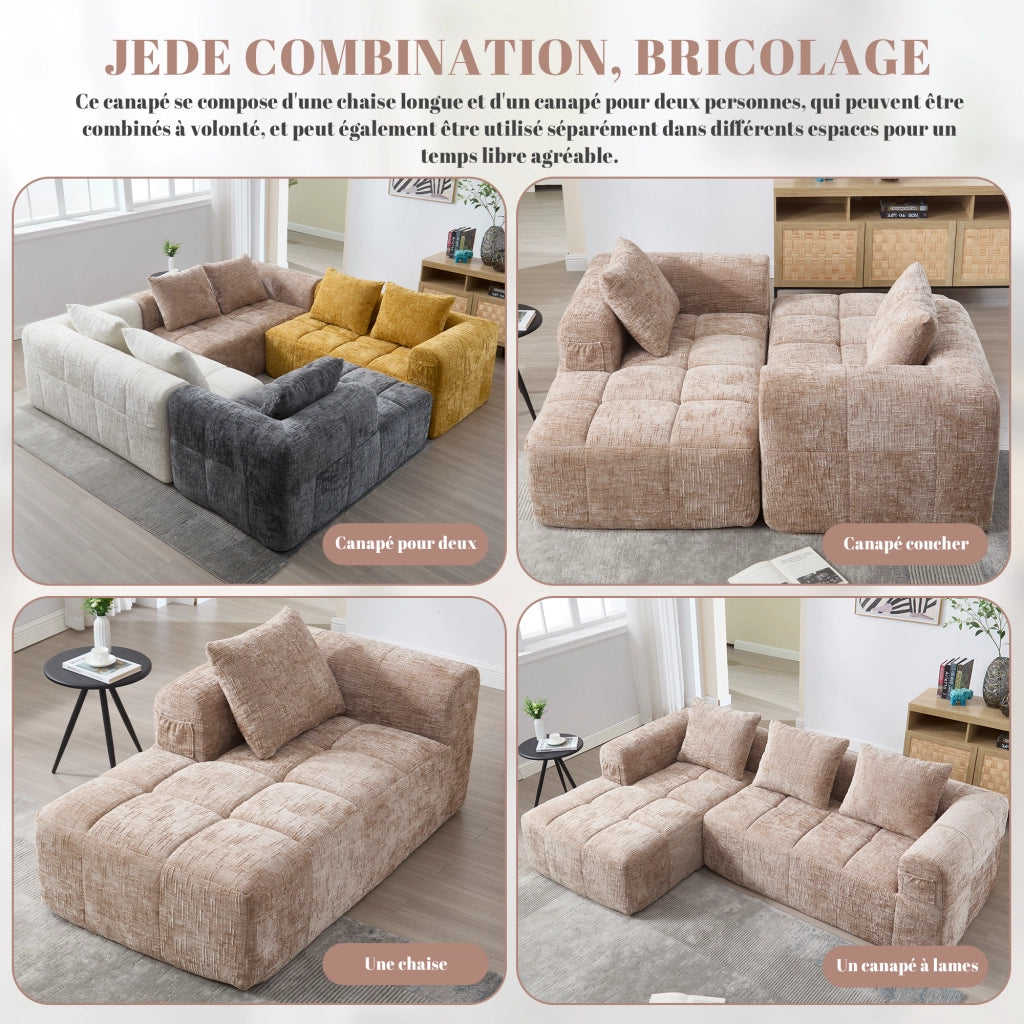 Divano Modulare con Chaise Longue 3 Posti con Tasche Laterali e 3 Cuscini, in Ciniglia, Cachi, 250 × 158 × 60 cm