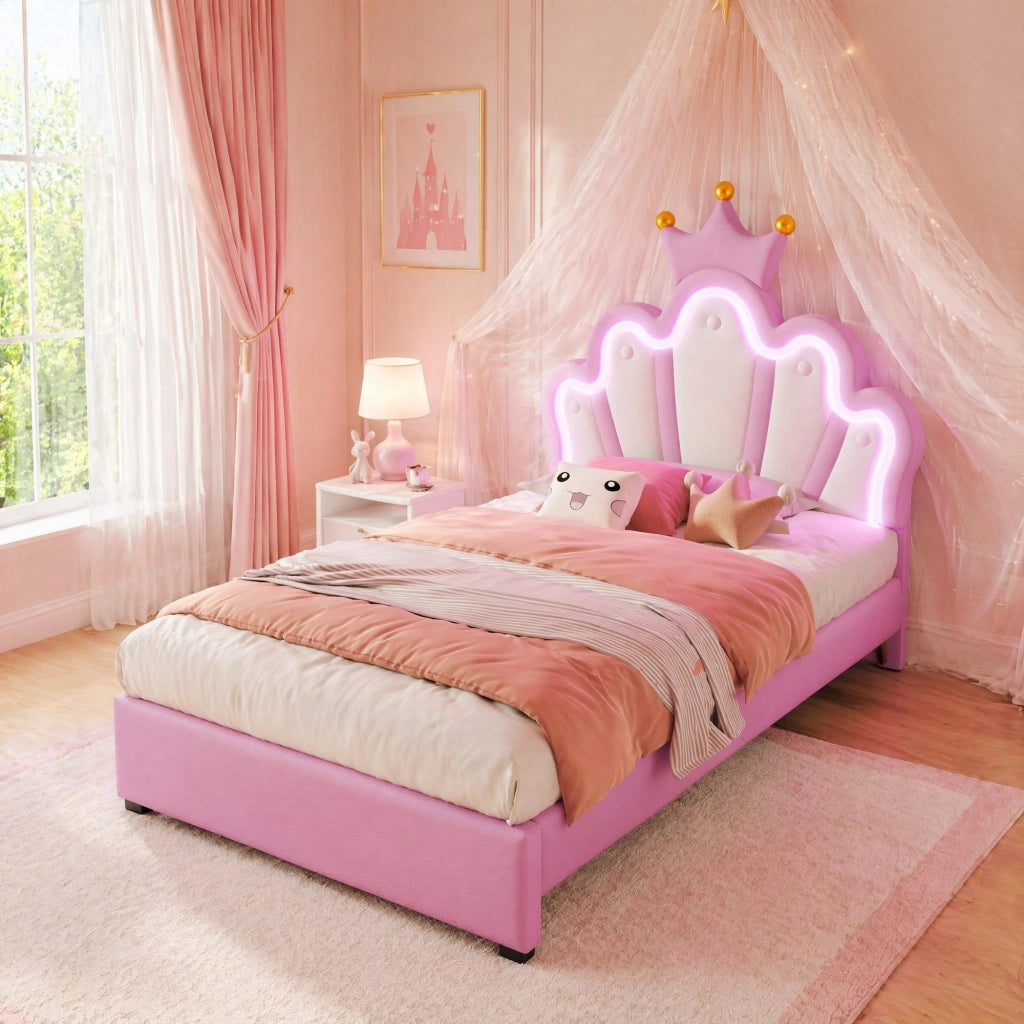 Letto per bambini 90x200 cm rosa con LED e 2 cassetti