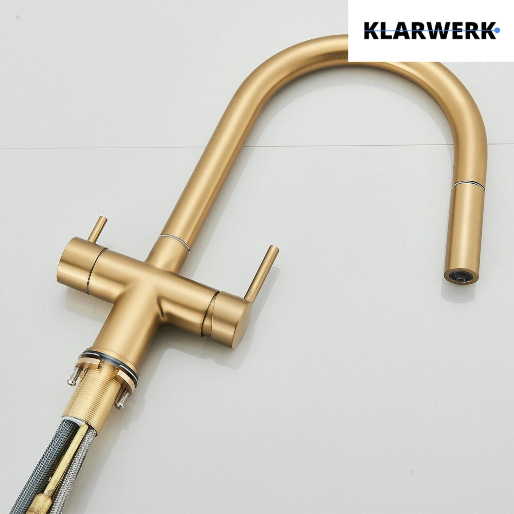 Jana | Rubinetto estensibile a 3 vie premium oro opaco | Rubinetto osmosi da cucina in acciaio inox |. Filtro 3 connessioni ad arco alto