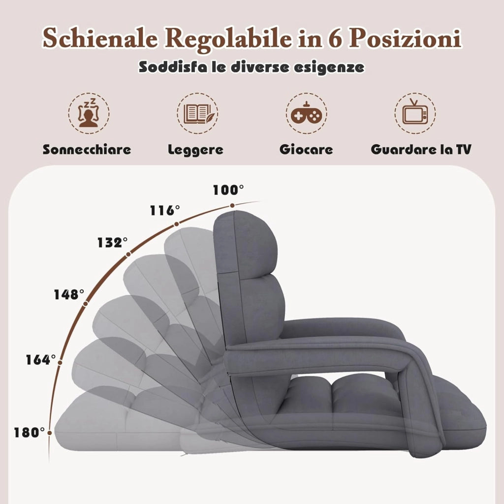 Sedia da Pavimento con Supporto Lombare, Poltrona Divano Regolabile a 6 Posizioni con Braccioli, Chaise Lounge per Soggiorno Camera da Letto, 60x64x54 cm