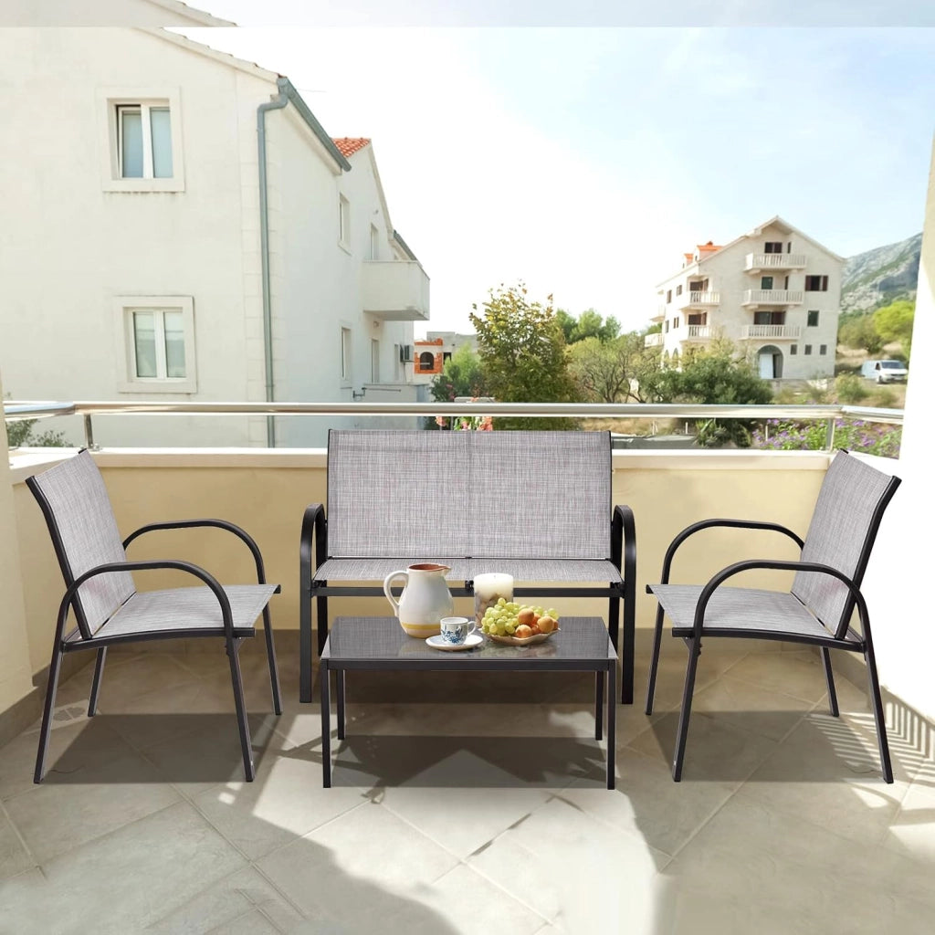 Set di 4 mobili da giardino per 4 persone, set da giardino con 2 sedie e 1 panca e 1 tavolino da caffè, set di mobili da terrazza per piscina, cortile (grigio), QF54737IBDE