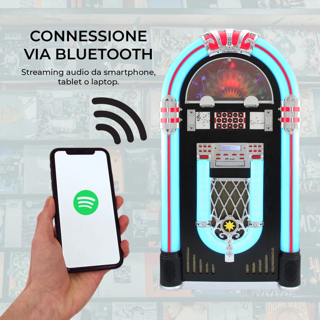 Jukebox Anni '50 con Vinile CD USB Bluetooth SD/MMC Memory Card Radio FM e AUX