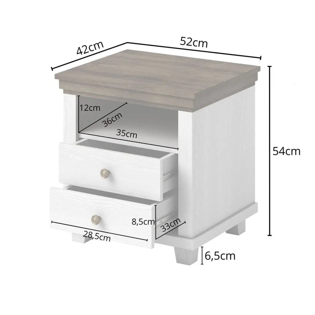 Tavolino da notte ASSIA – 2 cassetti + 1 vano – Bianco e rovere – Stile scandinavo