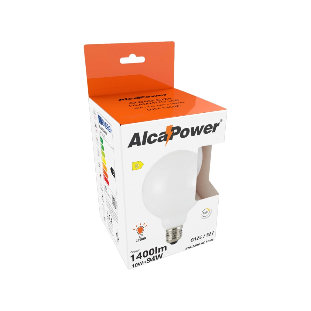 Alcapower Lampadina LED Globo 125 Classic E27 10W 1400lm 3000K Vetro Bianco, Luce Calda 360 Gradi, Efficienza Energetica Classe E, Lunga Durata