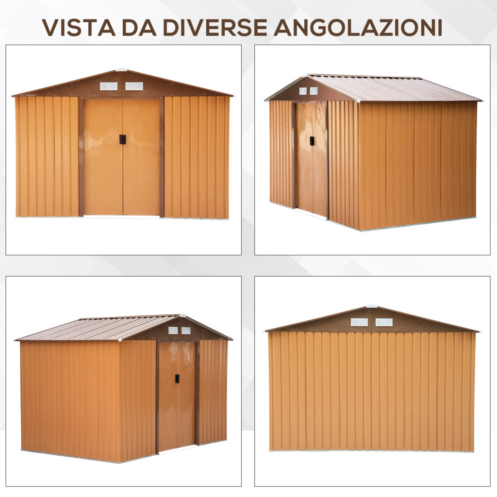 EasyComfort Capanno per Attrezzi 4.9m² con Fondazione, 4 Prese d'Aria e 2 Porte Scorrevoli in Acciaio, 277x195x192cm, Giallo