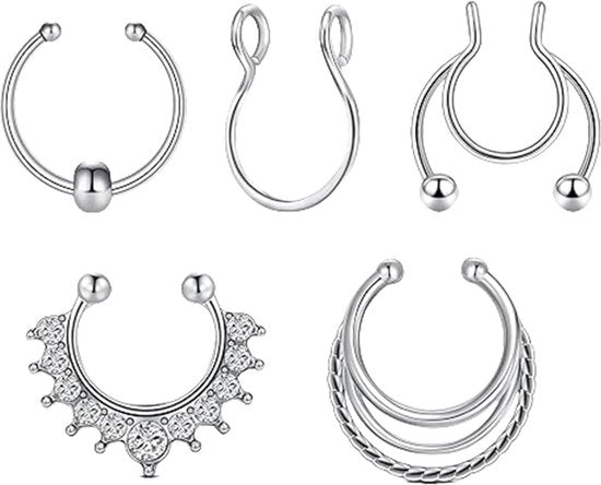 Anelli di acciaio inossidabile per piercing septum - Clip per piercing septum - Argento - Set da 5