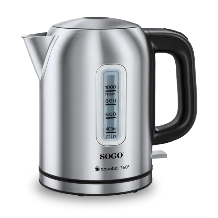 Bollitore elettrico 1L 2200W in acciaio inox, base girevole 360° con autospegnimento e resistenza nascosta - Sogo