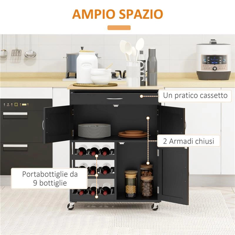CARRELLO DA CUCINA IN LEGNO CON PORTABOTTIGLIE 3 ANTE E CASSETTO 67X37X87 CM NERO E ROVERE