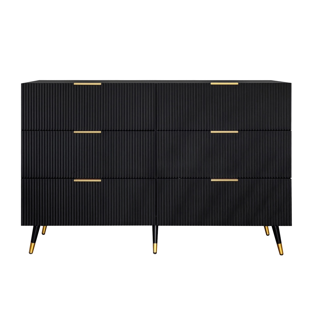 Credenza moderna con 6 cassetti in truciolare nero, gambe alte e dettagli dorati 120 × 40 × 77 cm