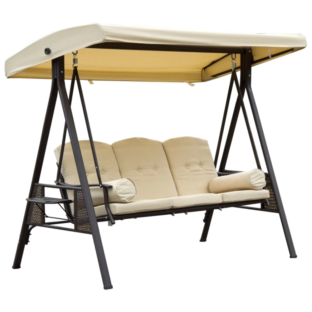 Dondolo da giardino 3 posti con tettuccio inclinabile 121x208x172 cm in metallo; beige e marrone
