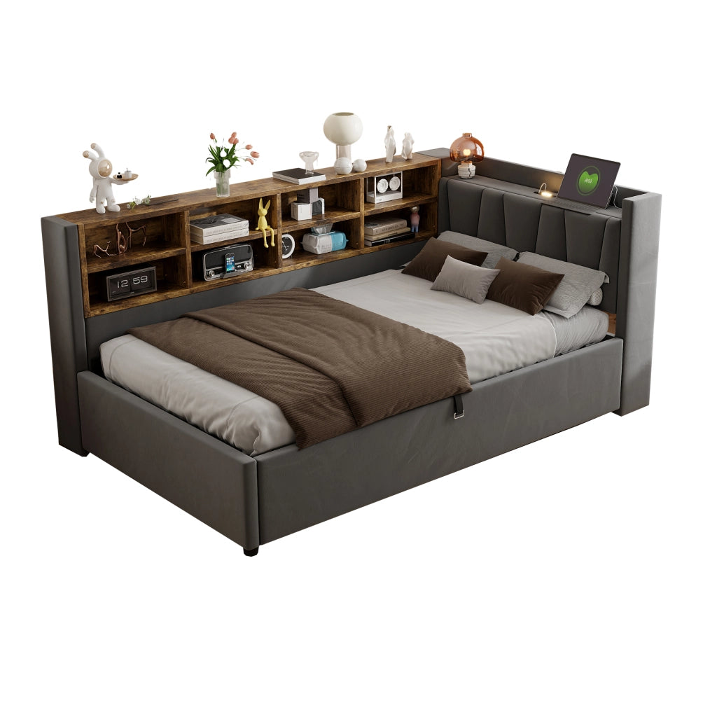 OKWISH Letto a divano 90×200 cm, Letto Singolo con Contenitore Idraulico, USB, Type C, Luce da Lettura e Mensole, senza Materasso, Grigio