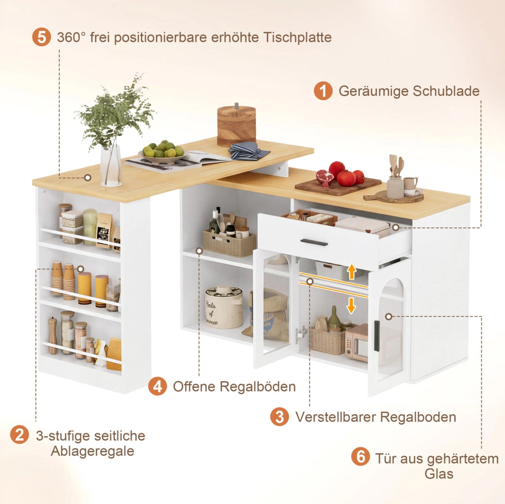 Isola da cucina girevole con piano estensibile e contenitore