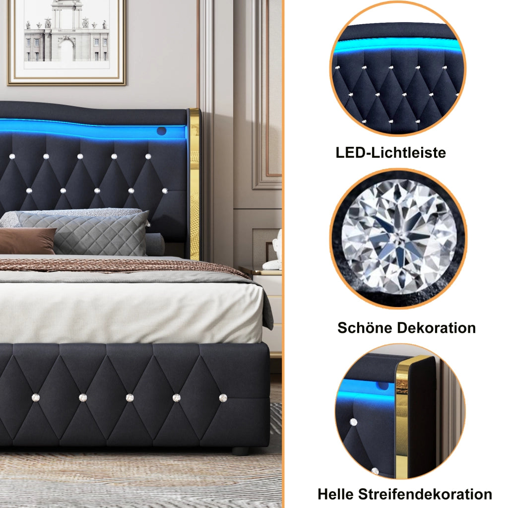 Letto contenitore 140 × 200 cm 2 posti con LED multicolore e vano idraulico, senza materasso, velluto nero