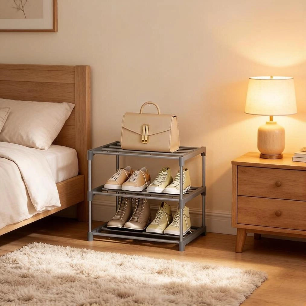 Scarpiera aperta 42x30x37 cm grigia in metallo, 3 ripiani