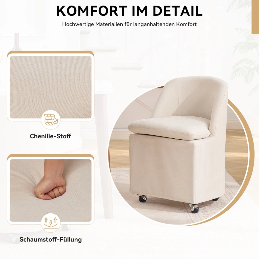 Set di 2 sedie da pranzo in chenille beige con ruote