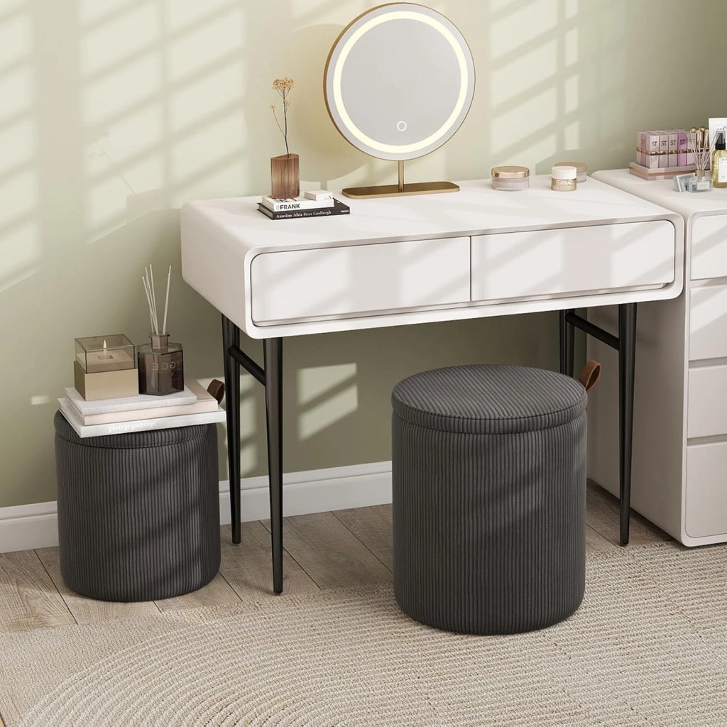 Set di 2 Pouf Contenitore in Velluto, Pouf Rotondi Imbottiti da 40L + 25L, Sgabelli con Contenitore per Soggiorno, Camera da Letto, Portata 150 kg (Grigio)