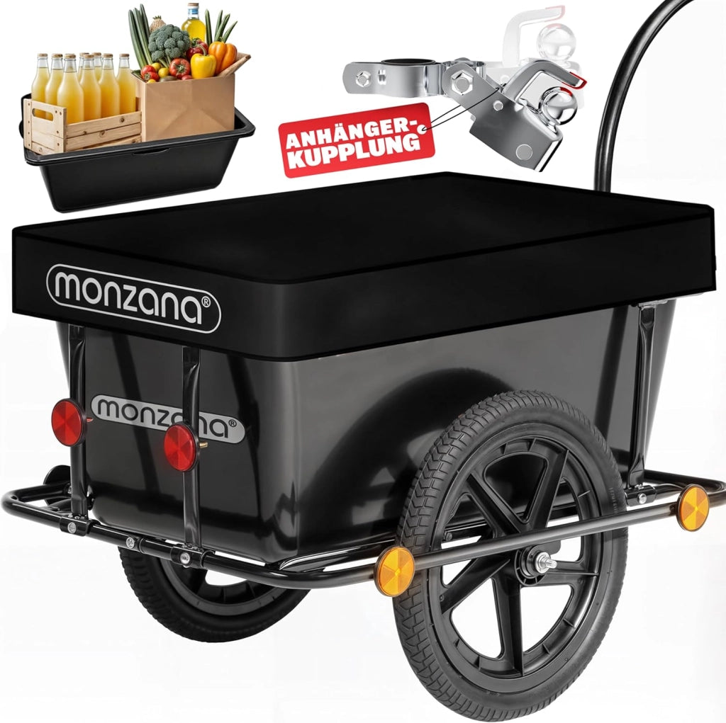 ® Rimorchio per Biciclette con Cassone in Plastica da 90L Gancio da Carico Carrello Trasporto Viaggi Bici Portaoggetti