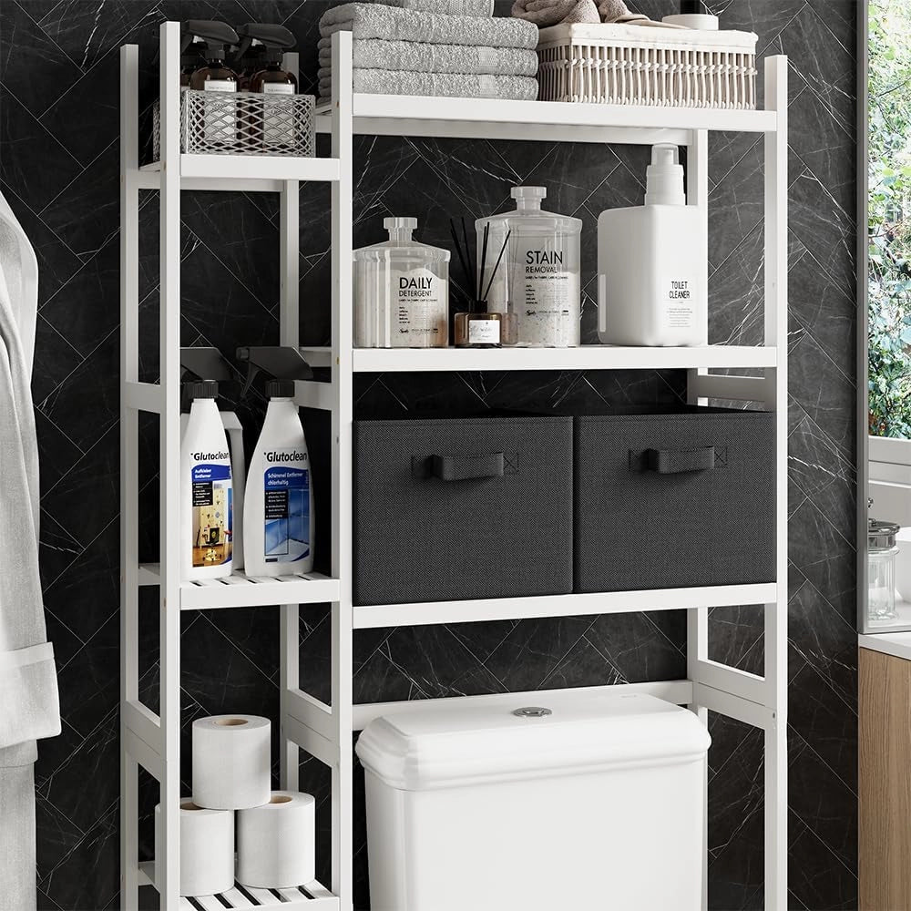 Mobiletto per lavatrice Bilbao, Bianco, 78.5 x 163 cm con 2 cassetti in pile, Ripiani aperti per detersivi, asciugamani e accessori
