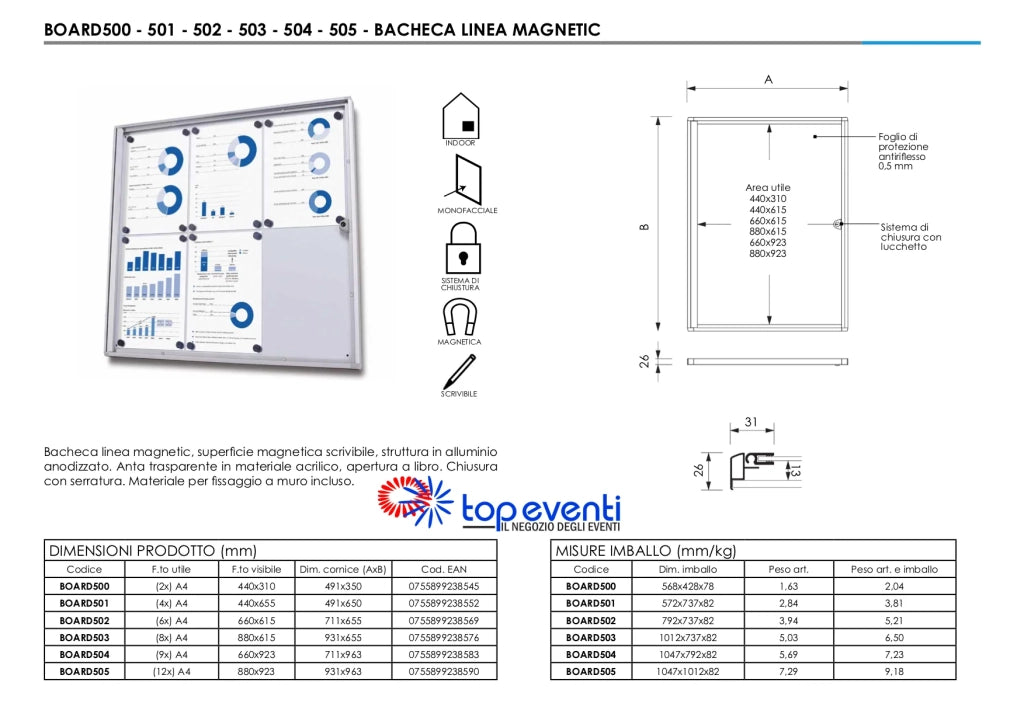 Bacheca Magnetica per INTERNI chiusura a chiave - 6 x A4